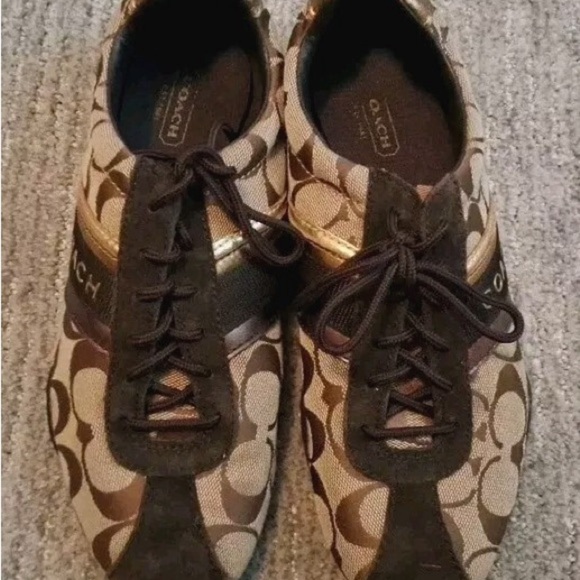 Coach Signature Katelyn Brown and Gold Lace-Up Sneakers - Picture 1 of 7
